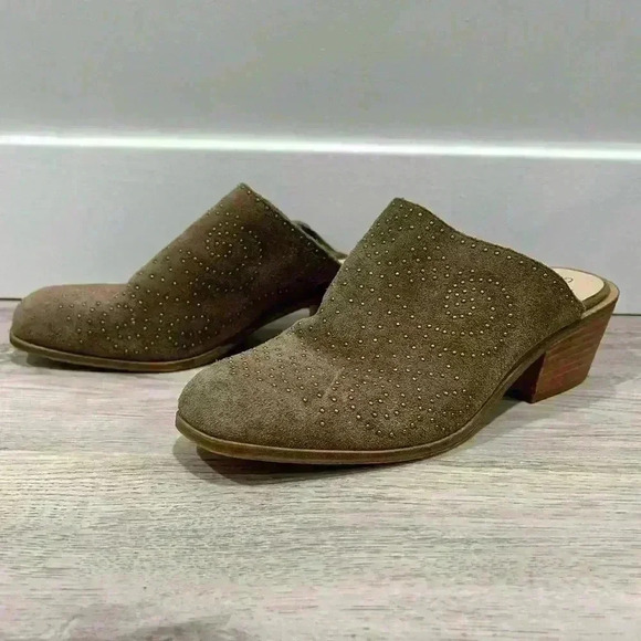 Sole Society Olive Brown Leather Suede Studded Slip On Heels Mules Size 8.5 - Picture 9 of 10